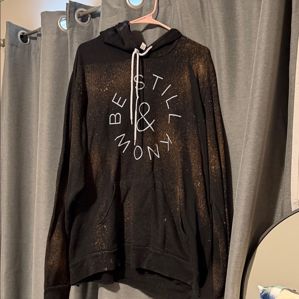 Black Hoodie with White Drawstrings and White Graphic
